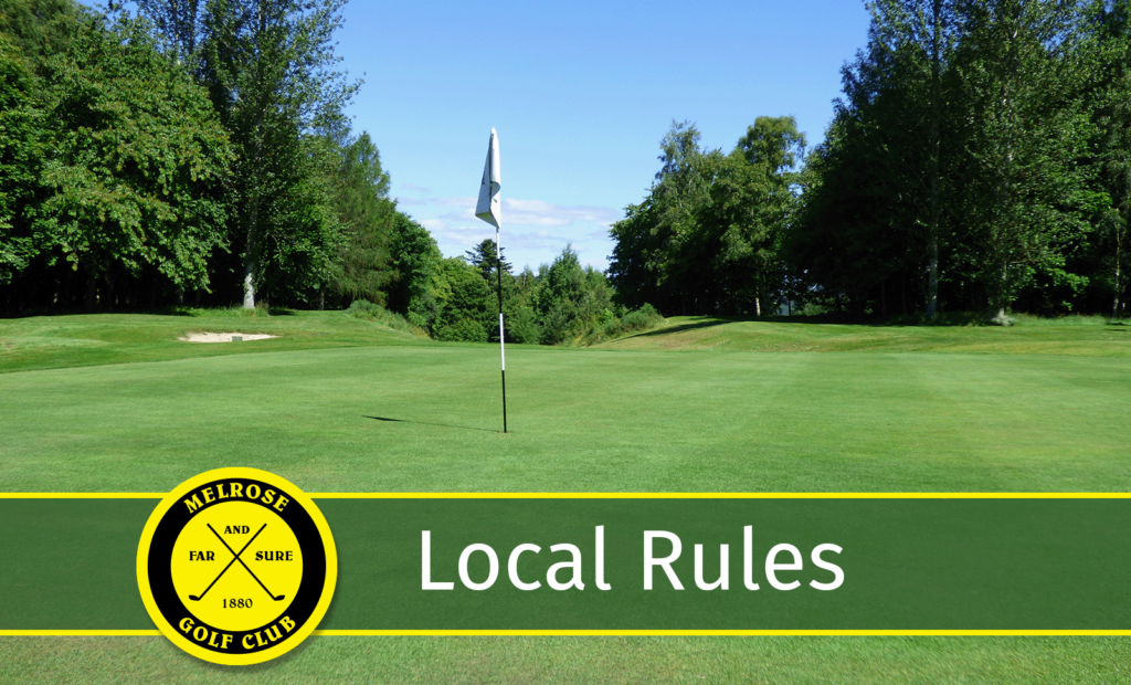 A picture of the green of a golf course with a flag in the hole. The words Local Rules and the golf club logo are shown on top of the photo.