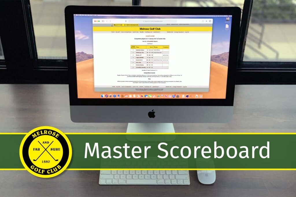 A computer on a desk with the Master Scoreboard website on the screen.